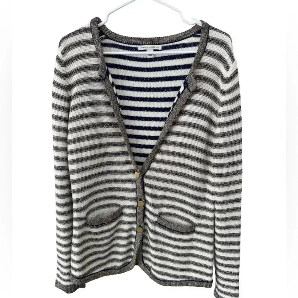 Banana Republic Navy and Gold Cardigan Sweater, Size Large,‎ Gold Buttons